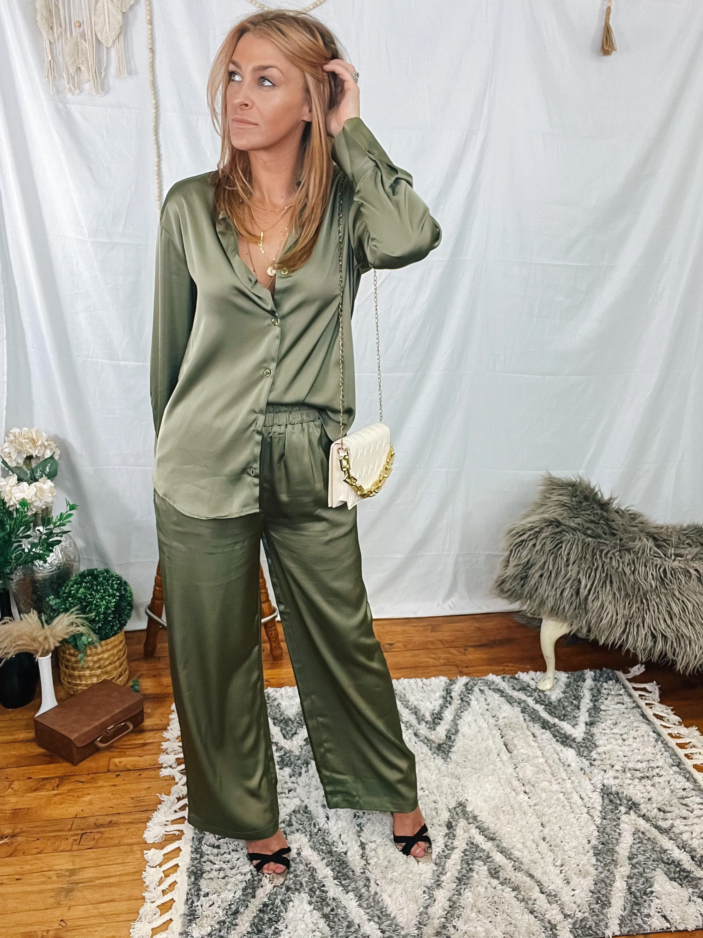 Olive Satin Wide Leg Pants