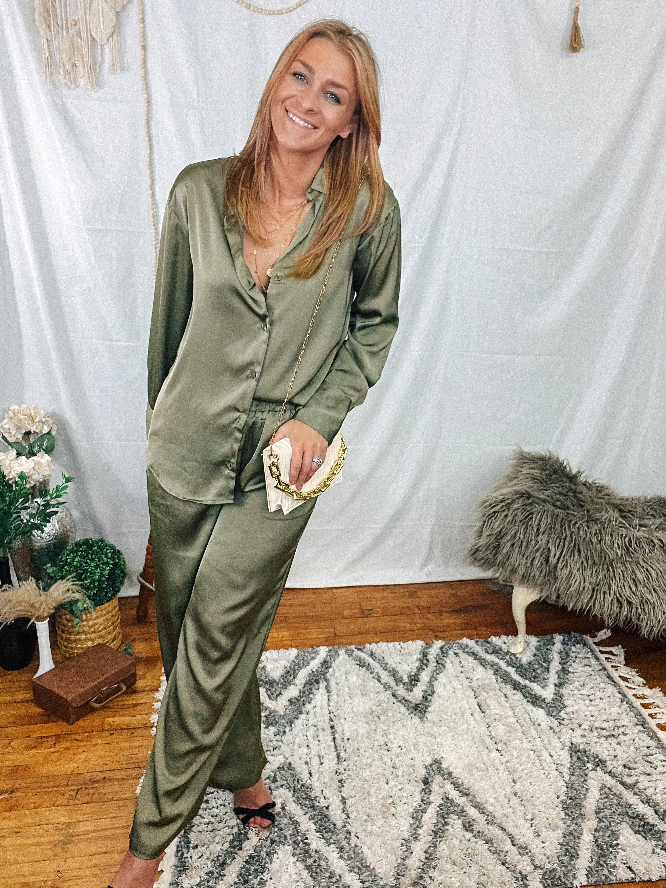 Olive Satin Wide Leg Pants