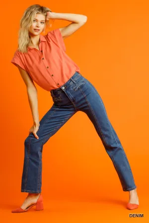 Panel Straight Cut Denim Jeans With Pockets