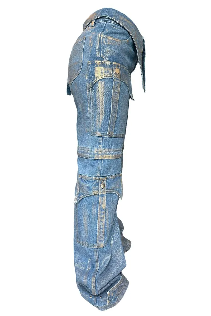PI683 Contrast High-Waisted Denim Pants