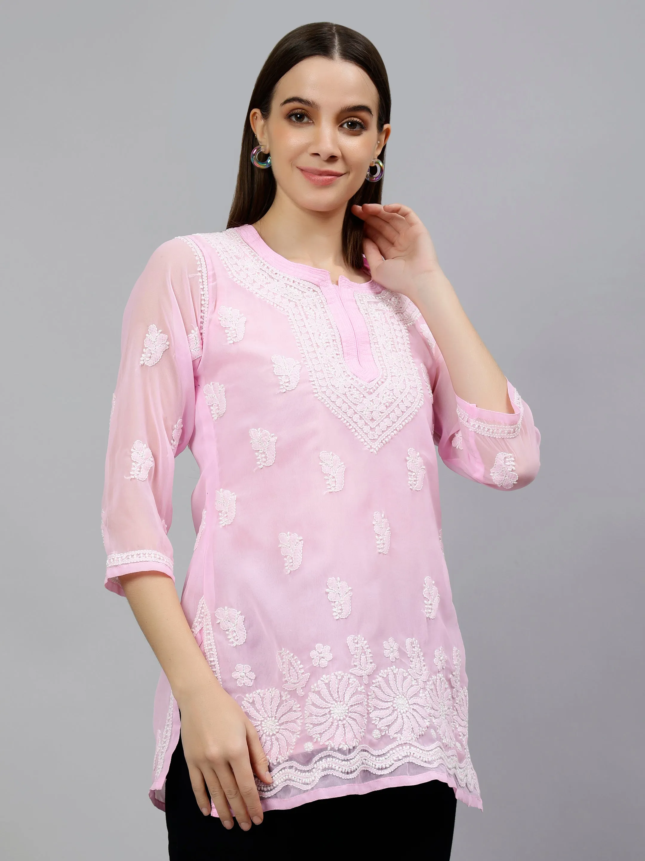 Pink Georgette Embroidered Chikankari Short Tunic with Slip