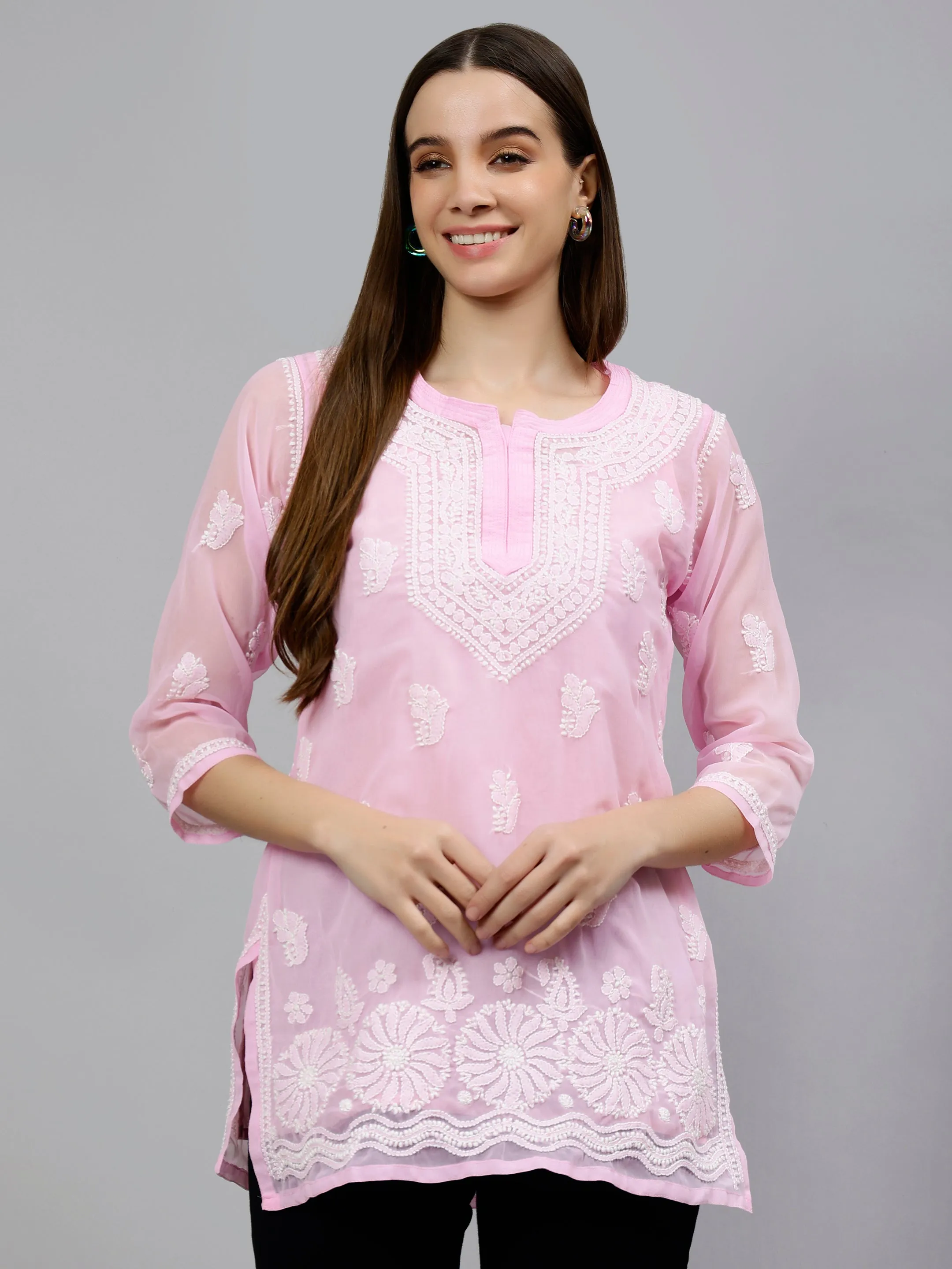 Pink Georgette Embroidered Chikankari Short Tunic with Slip