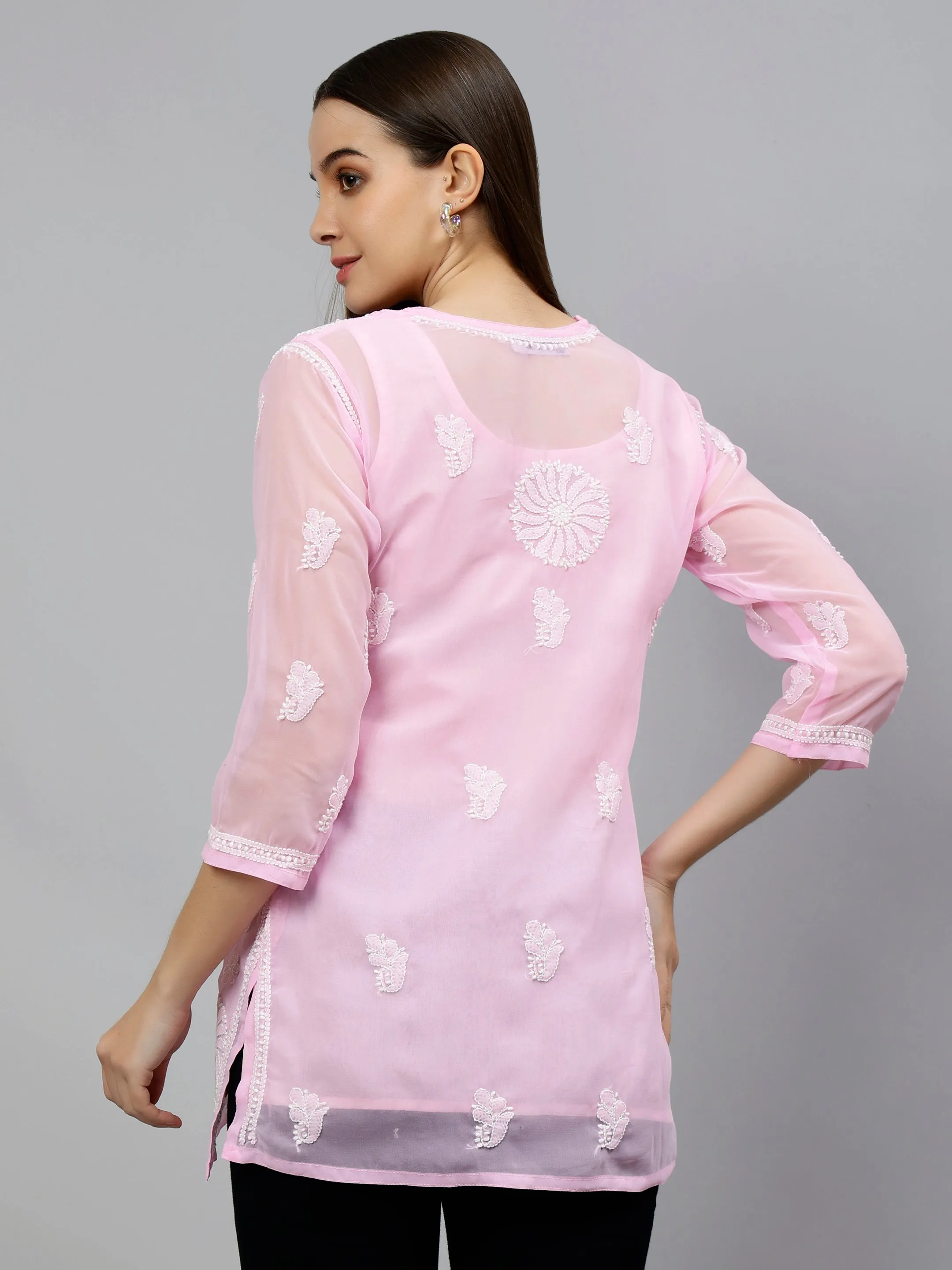 Pink Georgette Embroidered Chikankari Short Tunic with Slip