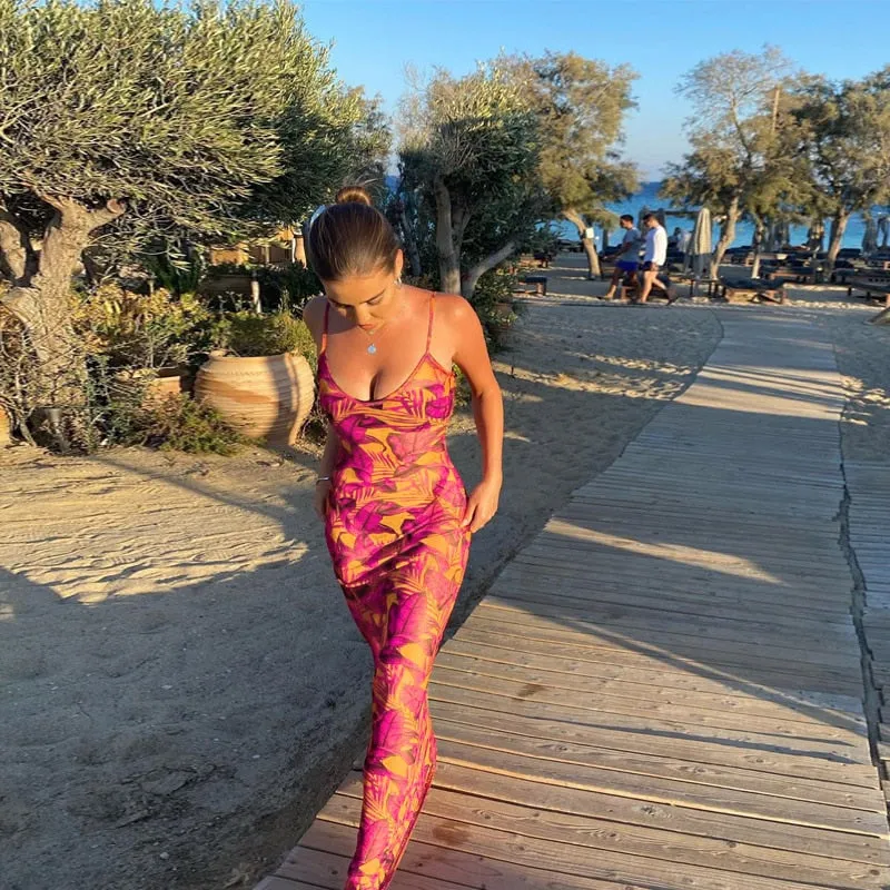 Pink Patterned V-Neck Bodycon Dress