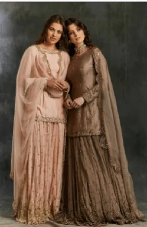 Pink Silk Kurta with Shimmer Sharara / Grey Brown Raw Silk Kurta with Shimmer Lehenga