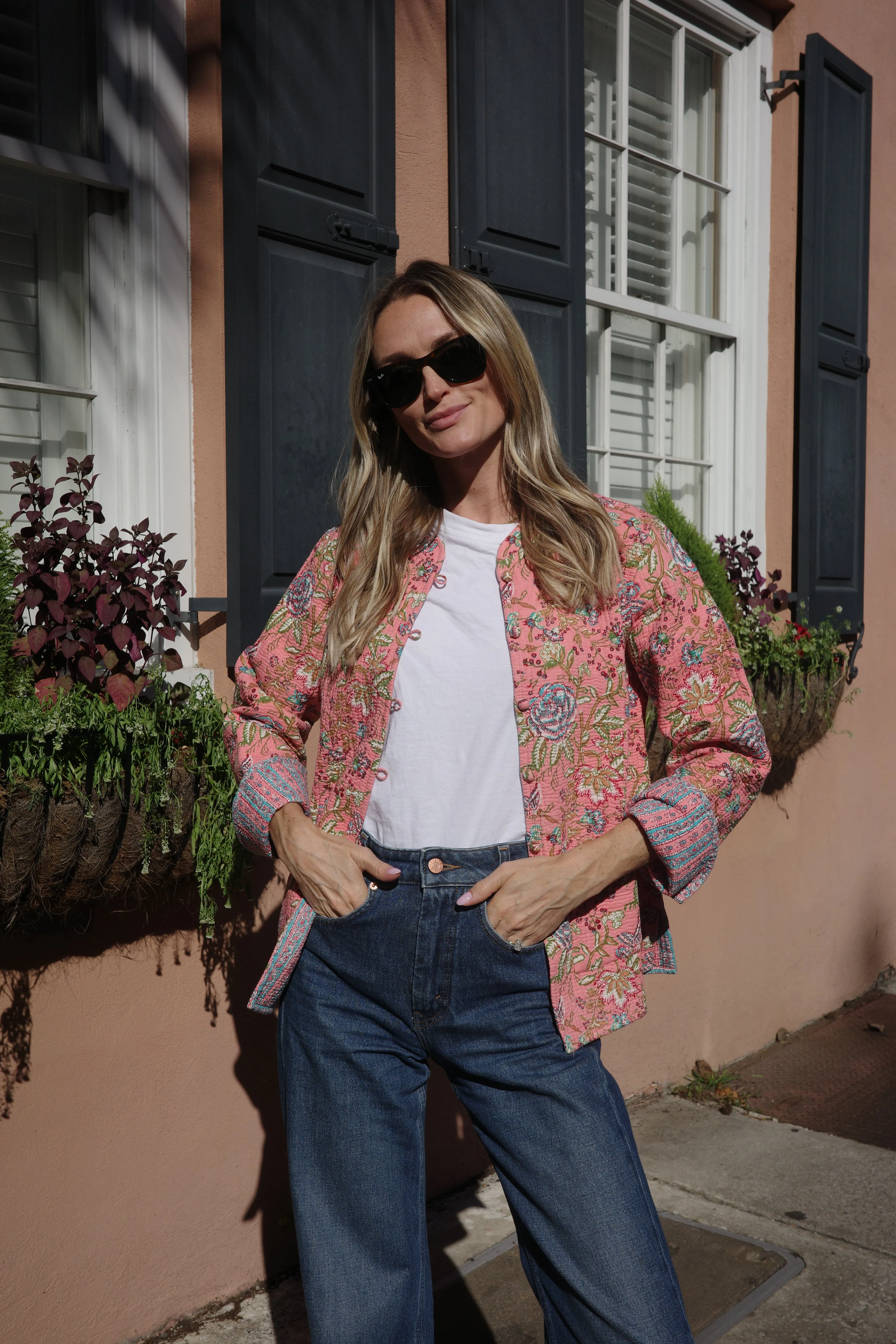 Quilted Jacket Dusty Coral Flowers
