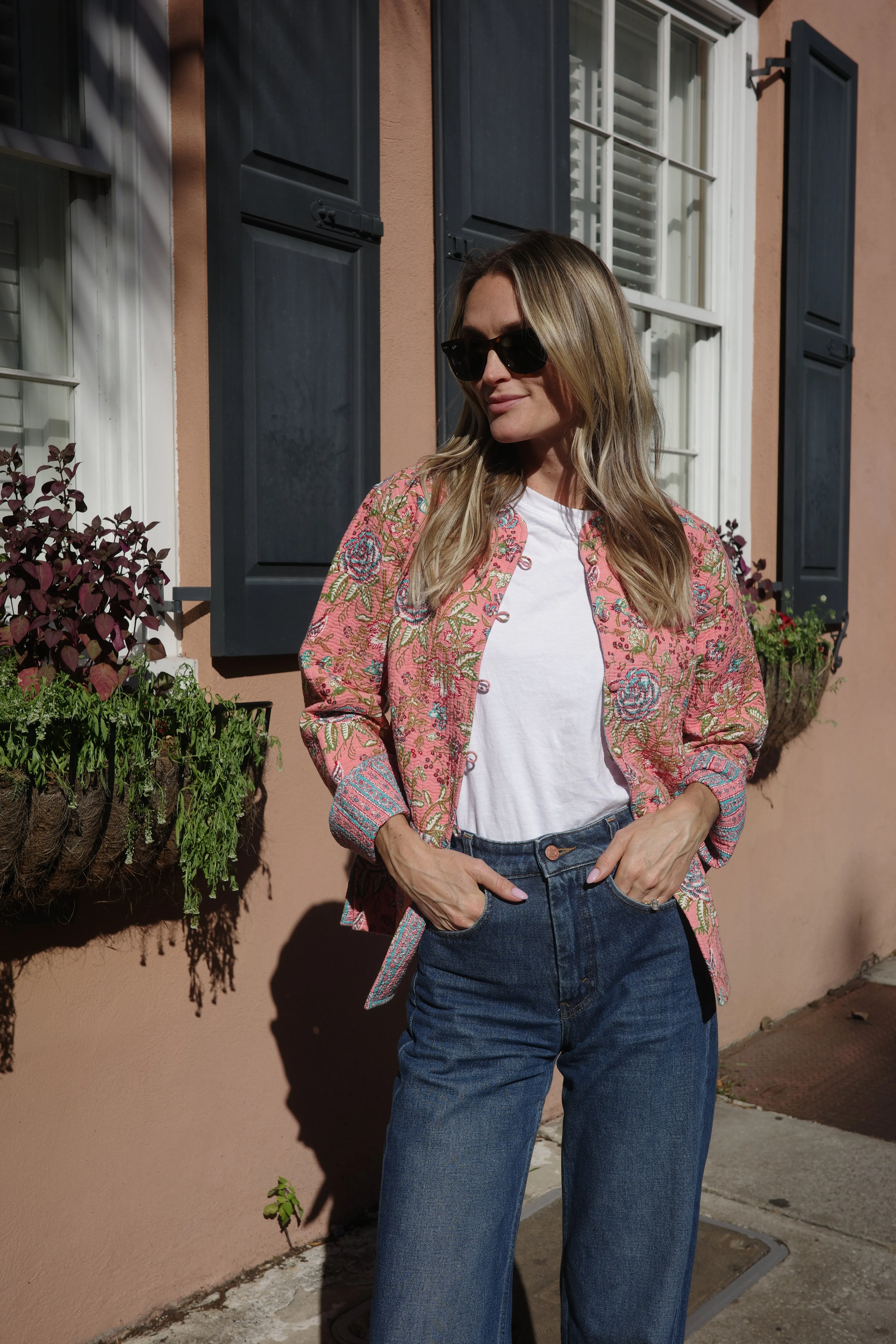 Quilted Jacket Dusty Coral Flowers