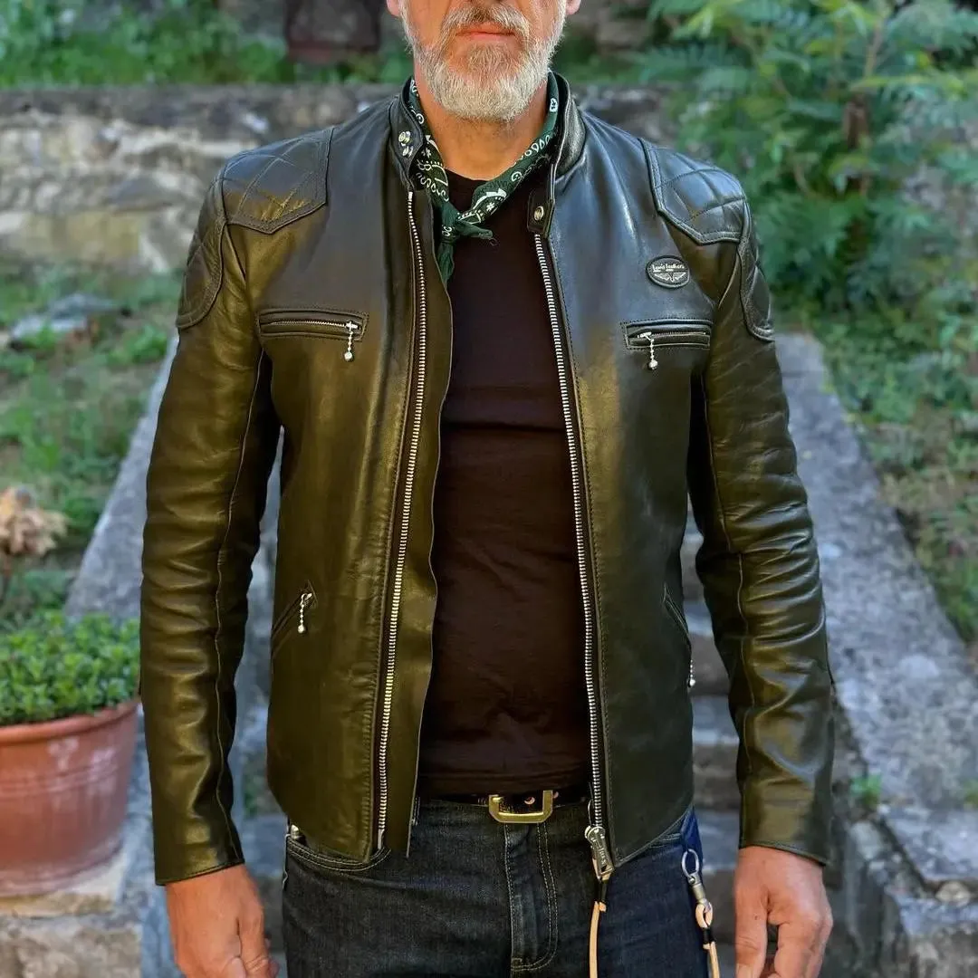 Quilted Shoulders Green Leather Jacket
