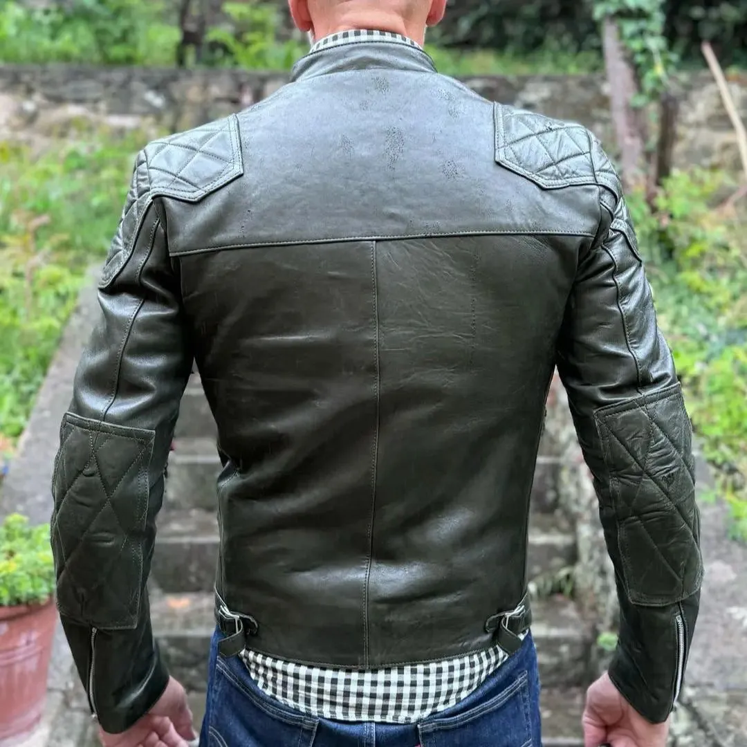 Quilted Shoulders Green Leather Jacket