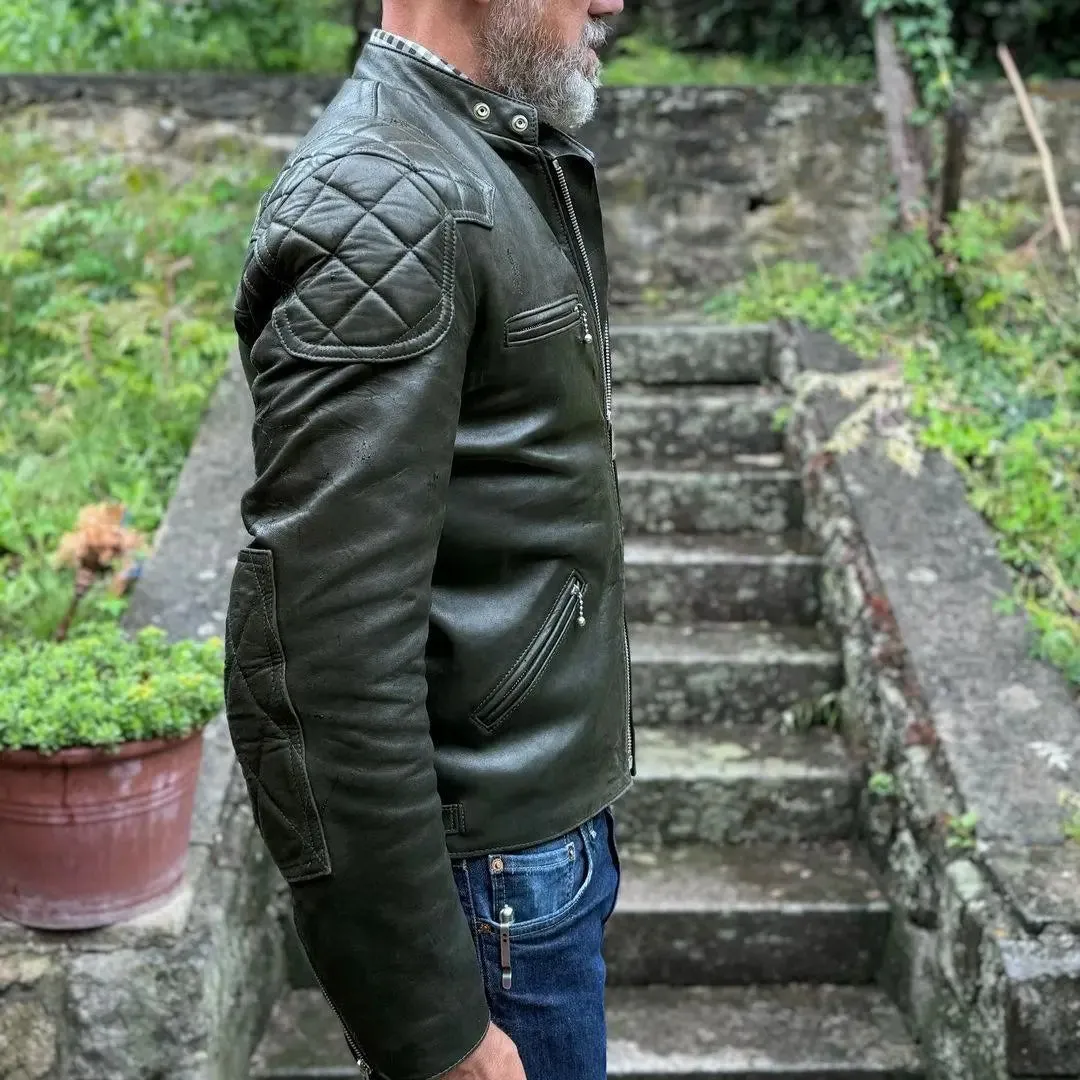 Quilted Shoulders Green Leather Jacket