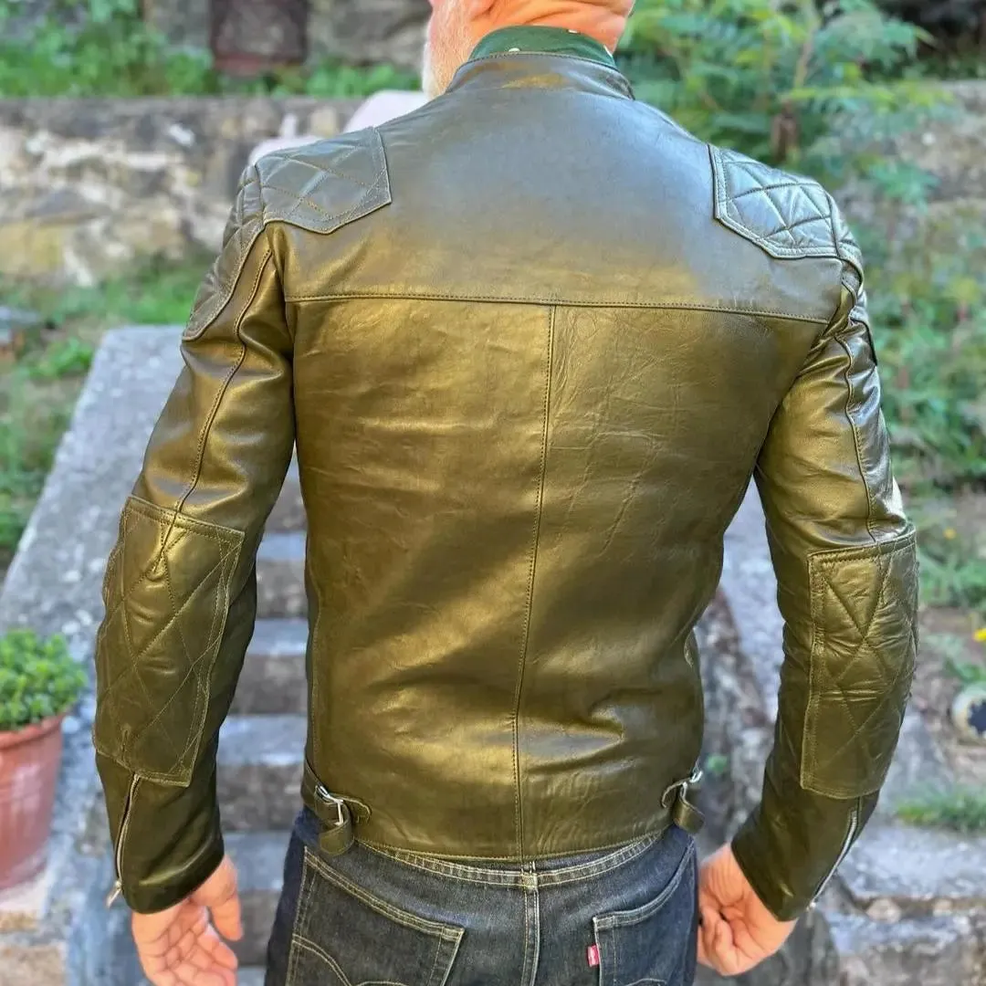 Quilted Shoulders Green Leather Jacket