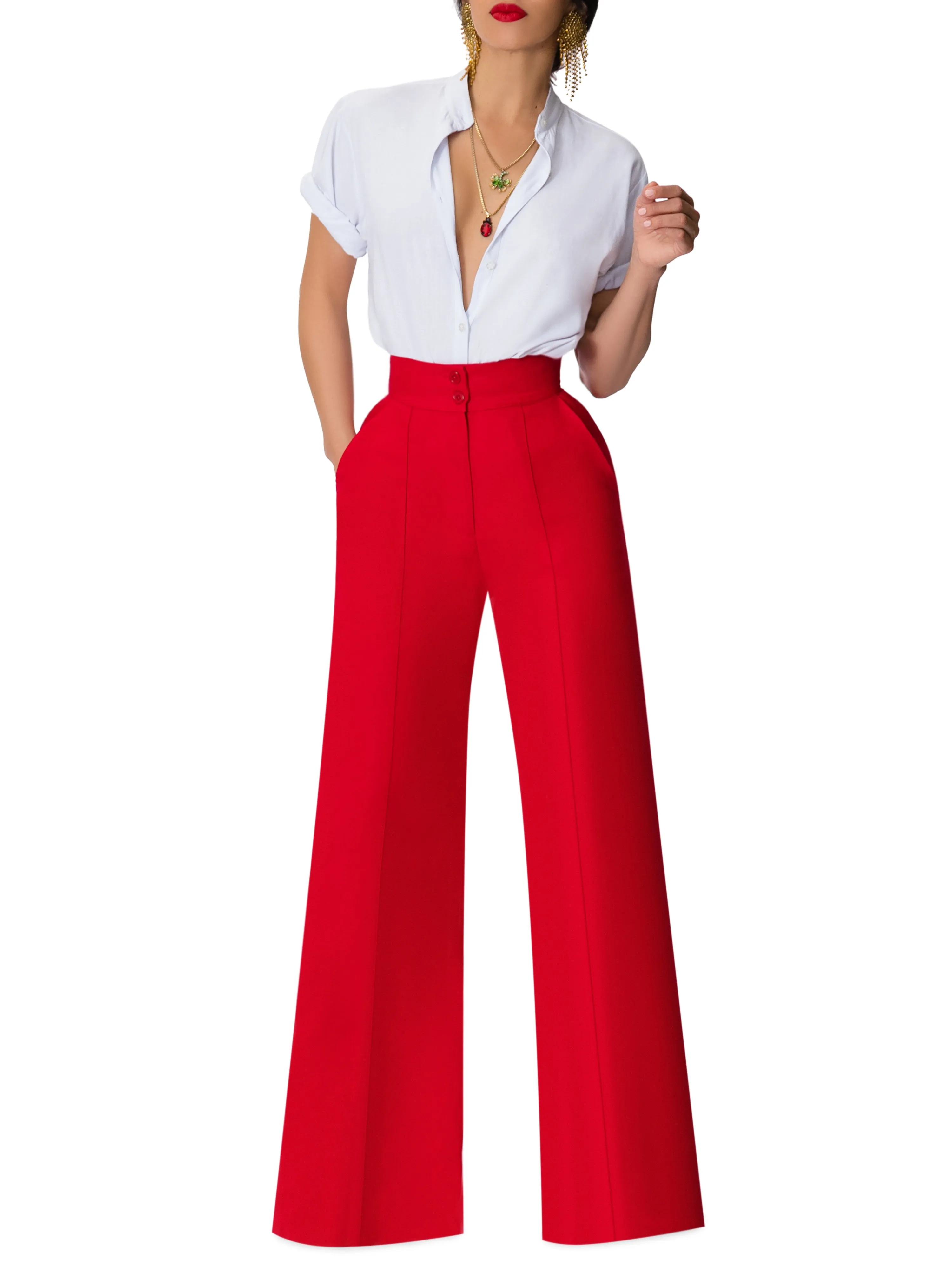 "Napa" Red Linen High Waist Pants