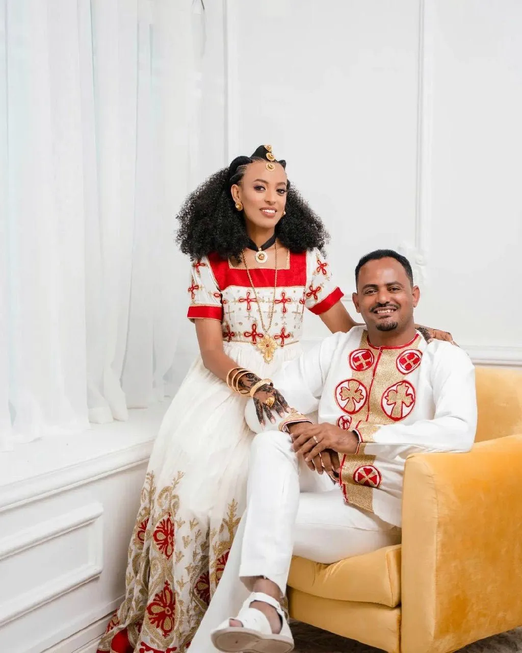 Radiant Red Habesha Couples Outfit Vibrant Habesha Couples' Attire / Includes man's pants and shoes