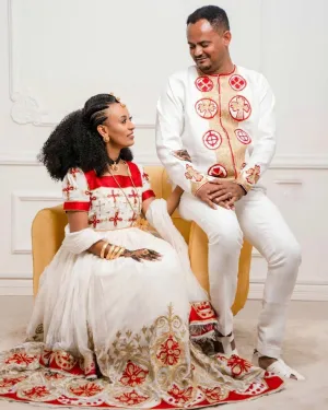 Radiant Red Habesha Couples Outfit Vibrant Habesha Couples' Attire / Includes man's pants and shoes