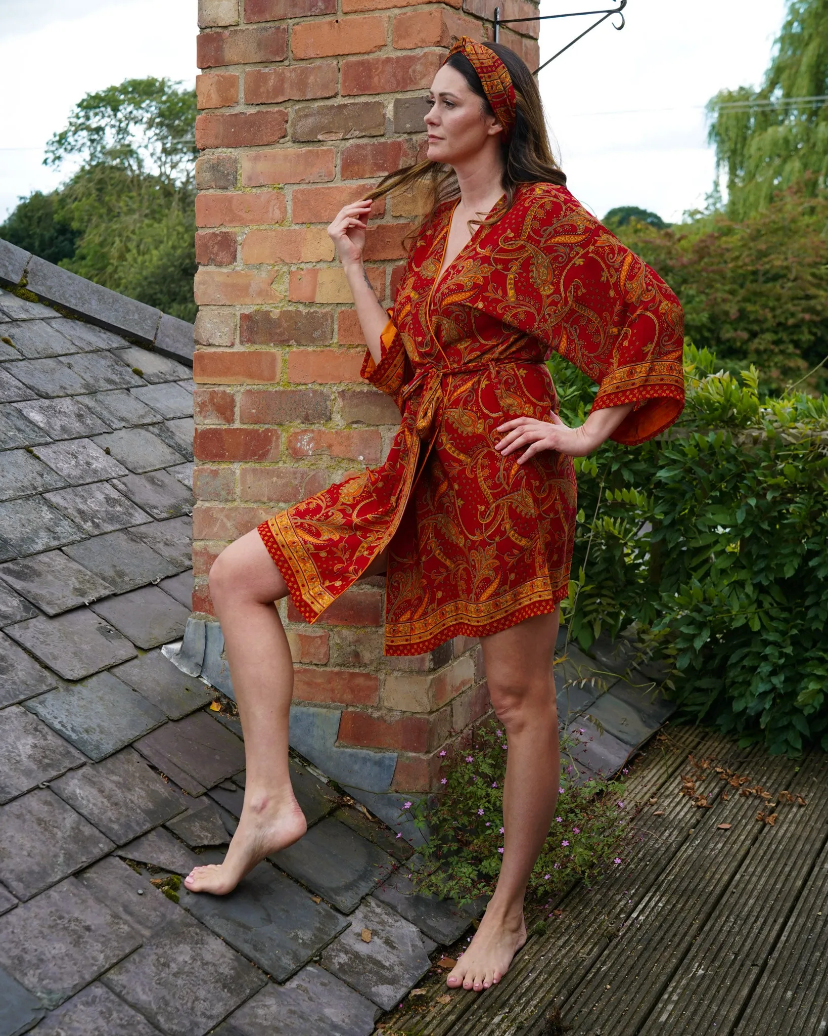 Red & Marigold Kimono | Emily Lightweight Silky Paisley Robe
