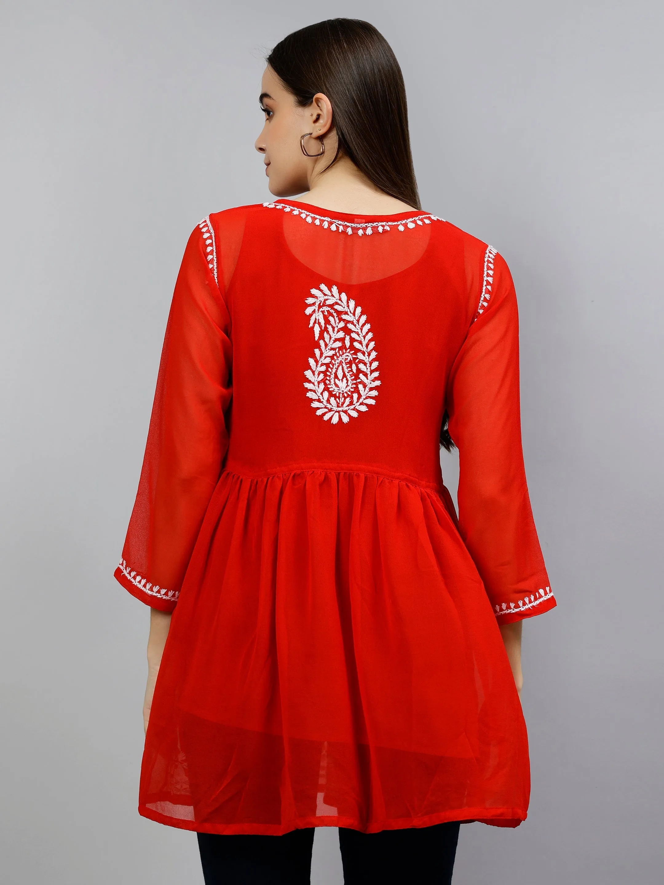 Red Georgette Lucknowi Chikankari Short Frock Top with Slip
