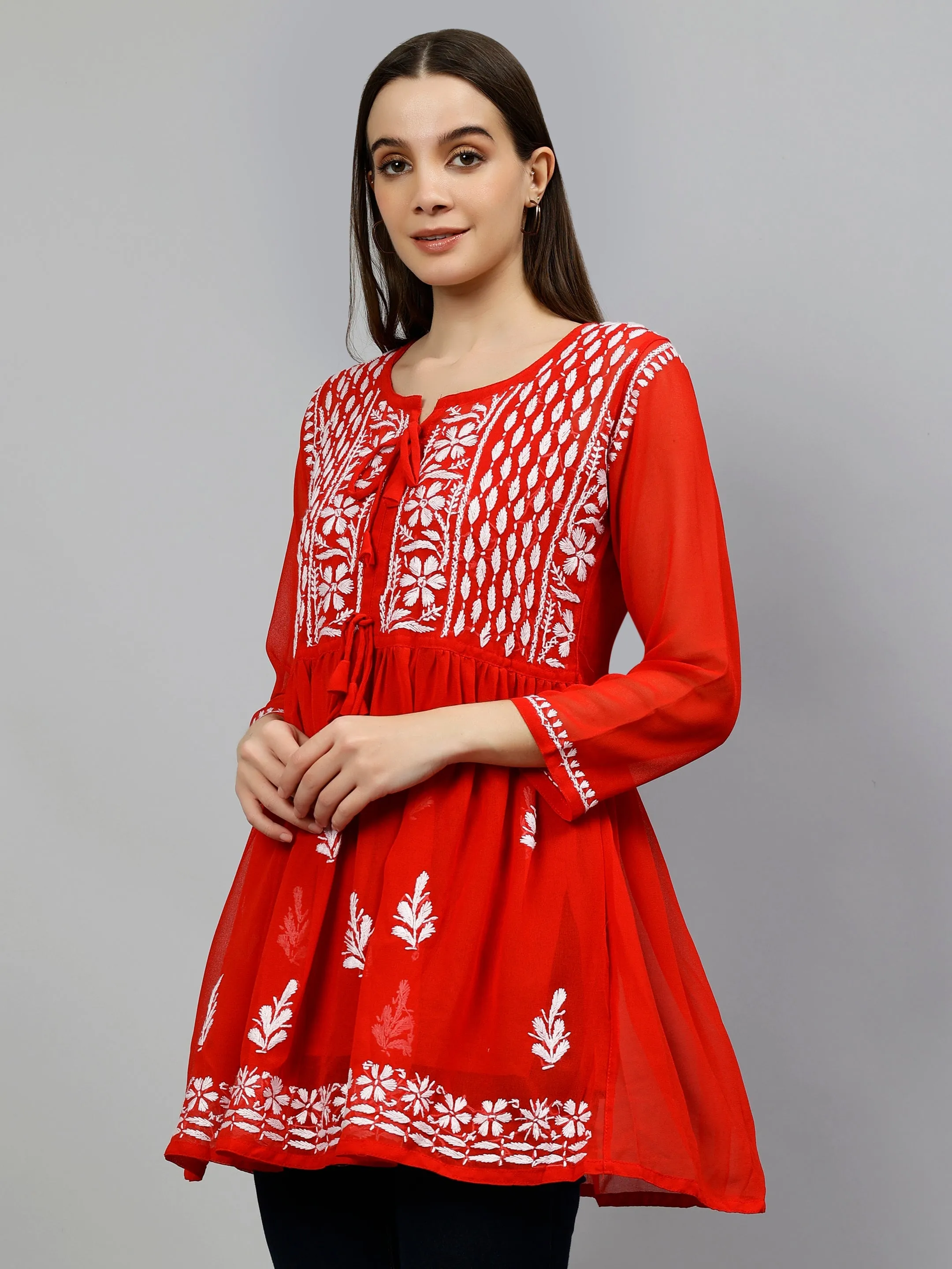 Red Georgette Lucknowi Chikankari Short Frock Top with Slip