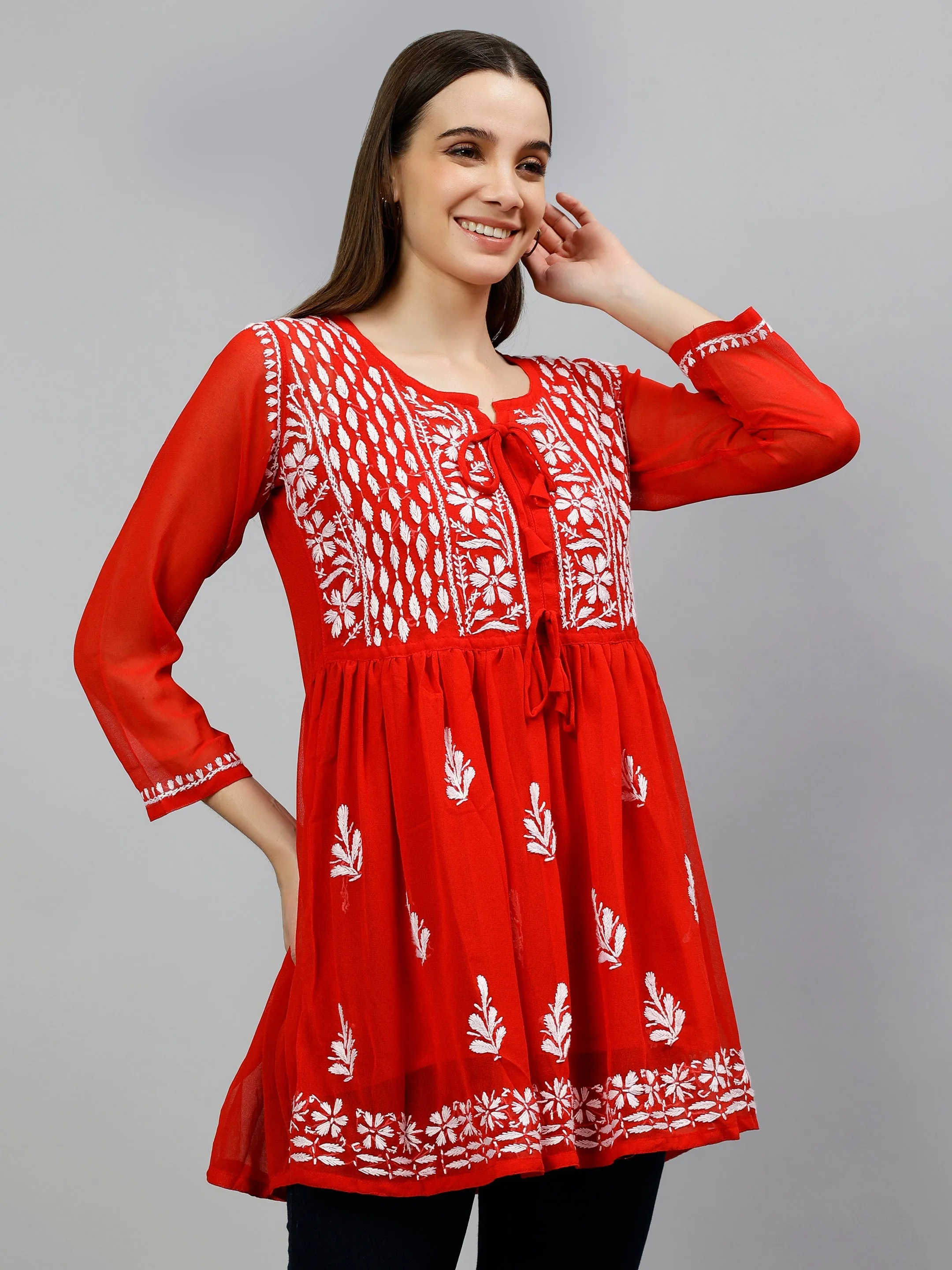 Red Georgette Lucknowi Chikankari Short Frock Top with Slip