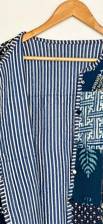 Reversible Cotton Quilted  Womens Jacket With Stripe Piping (Blue)