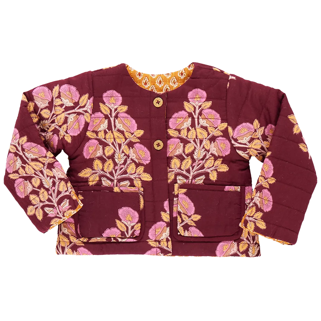 Reversible Quilted Jacket, Burgundy Bouquet Floral