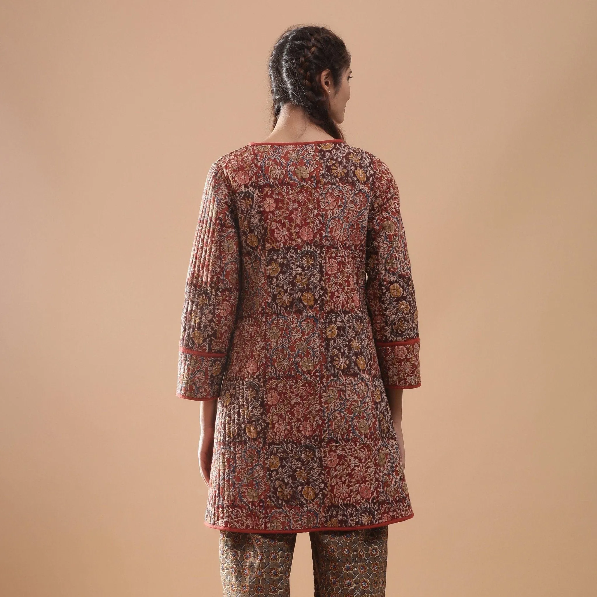 Reversible Warm Cotton Quilted Block Print Knee Length Jacket