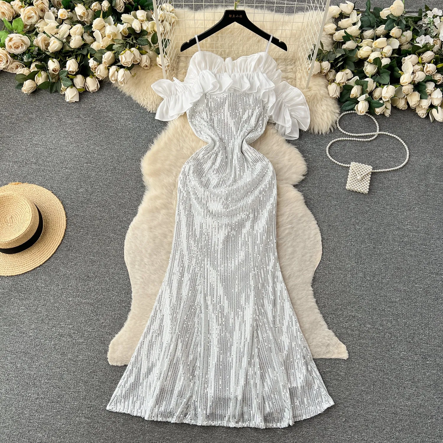 Ruffled Neckline Sequined White Dress