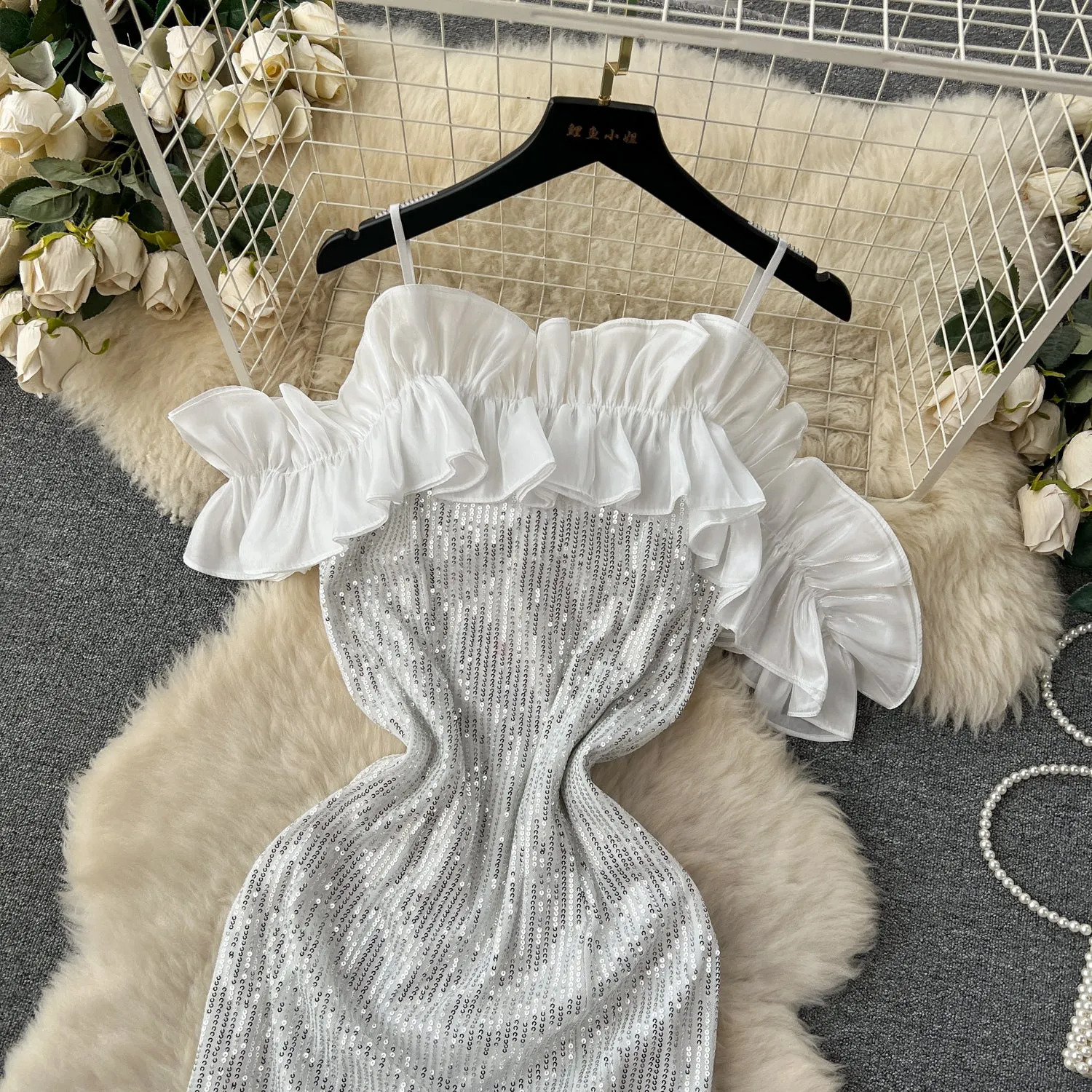 Ruffled Neckline Sequined White Dress