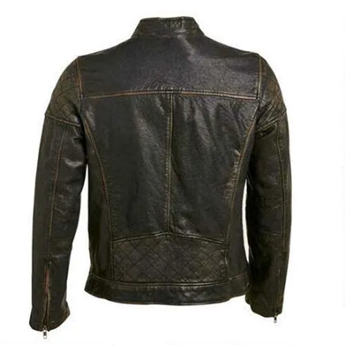 RW Authentic Sheepskin Motorcycle Cafe Racer Distressed Black Quilted Genuine Leather Jacket