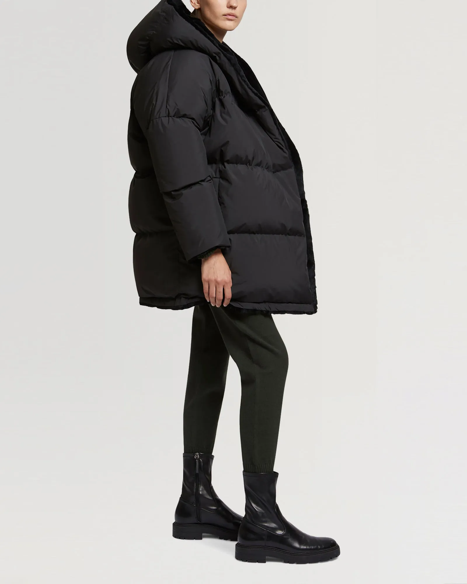 Sheared rabbit fur reversible hooded down jacket