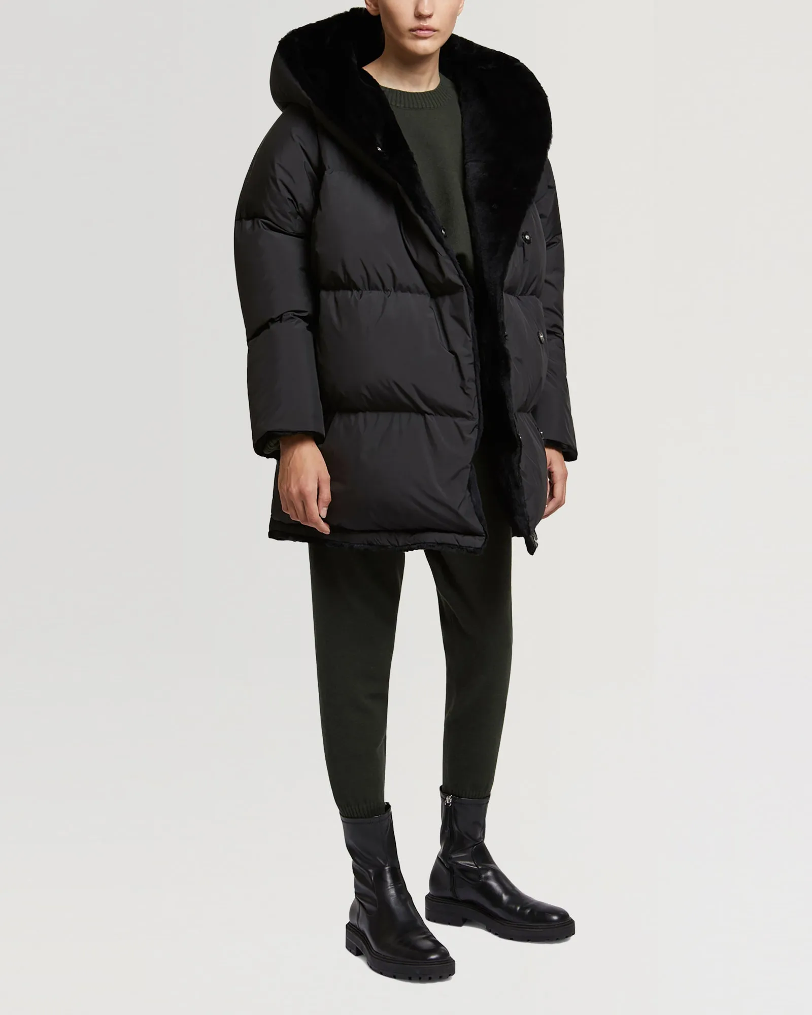 Sheared rabbit fur reversible hooded down jacket