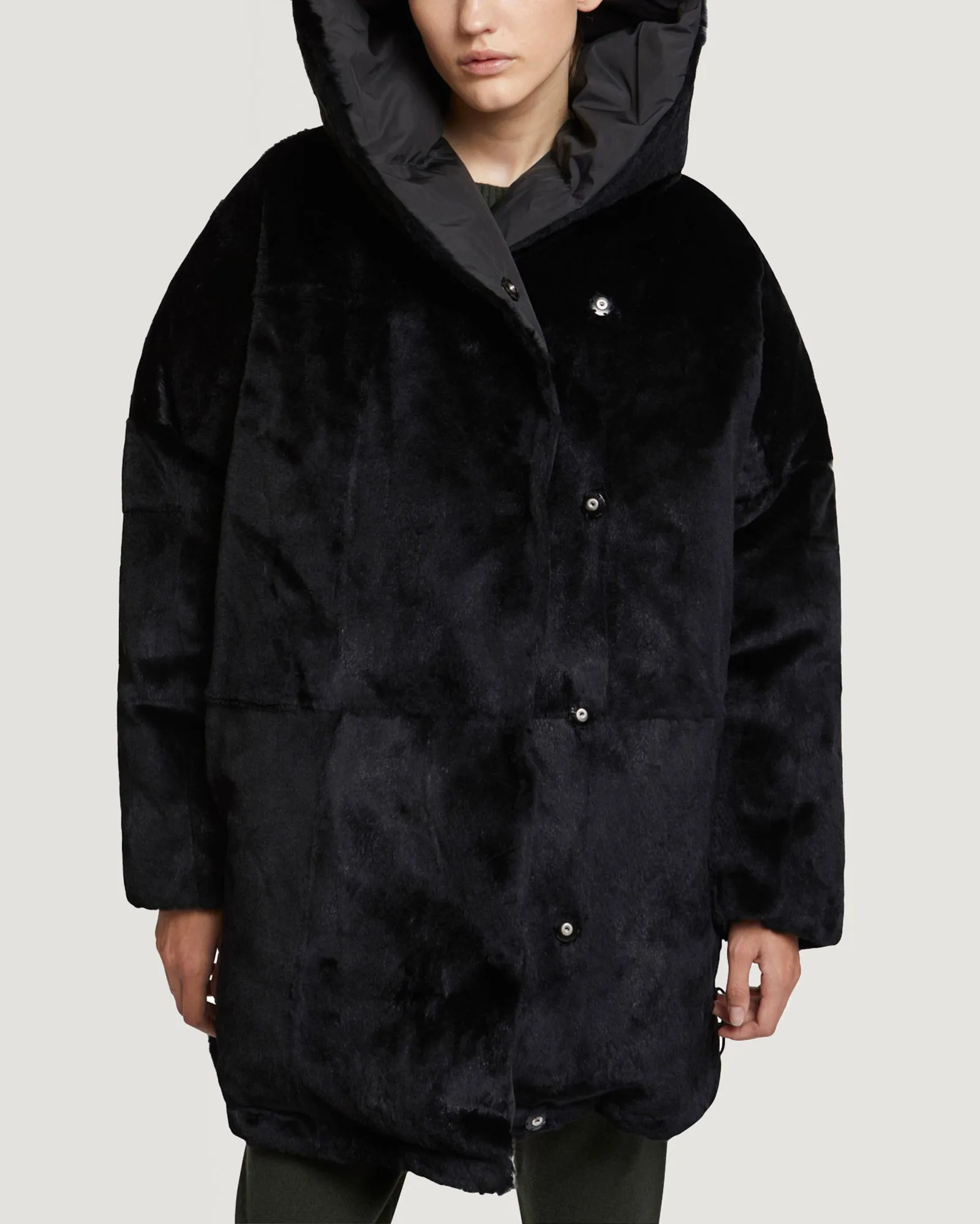 Sheared rabbit fur reversible hooded down jacket