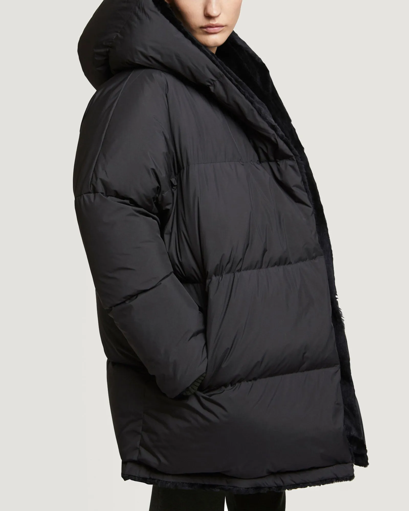Sheared rabbit fur reversible hooded down jacket
