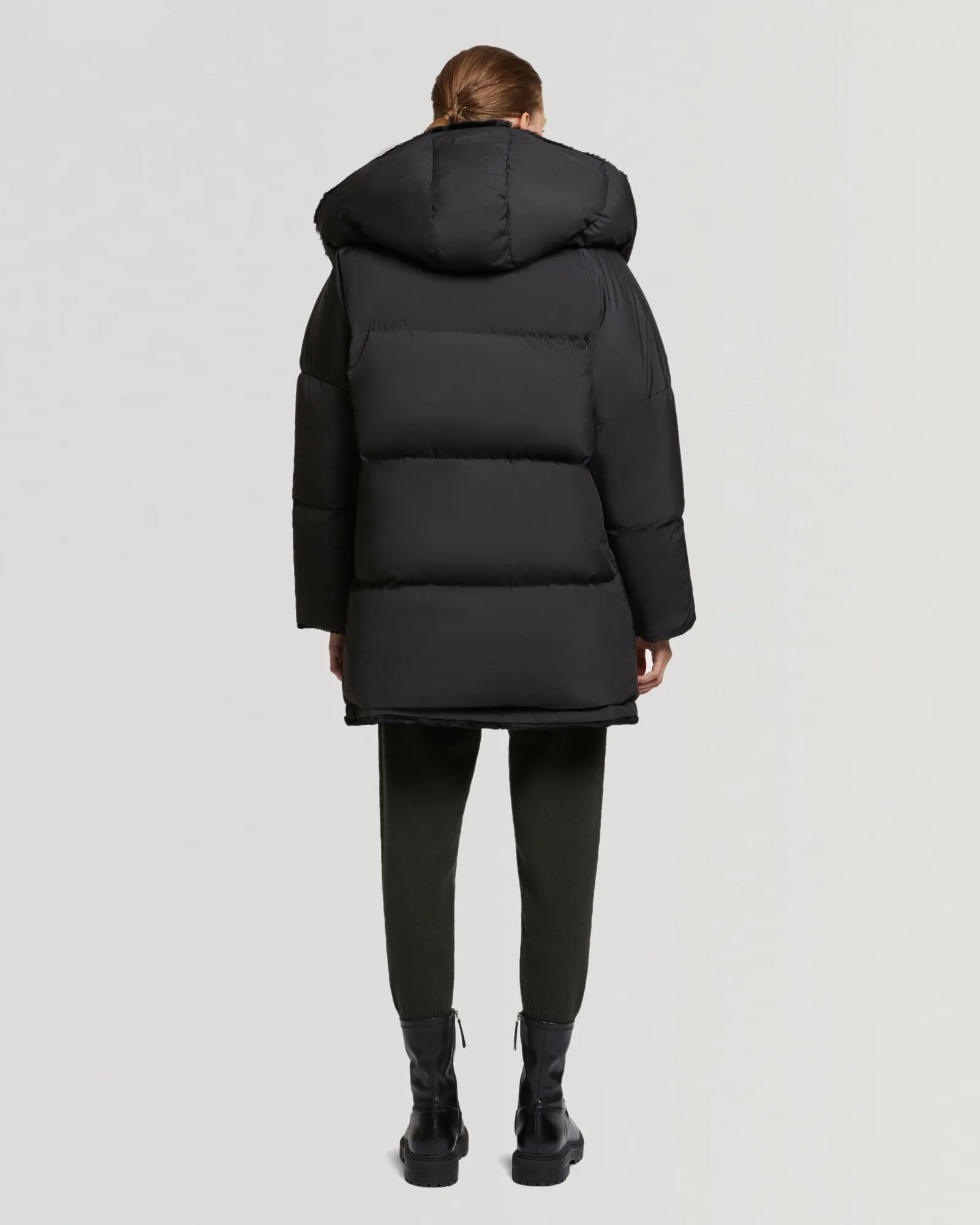 Sheared rabbit fur reversible hooded down jacket