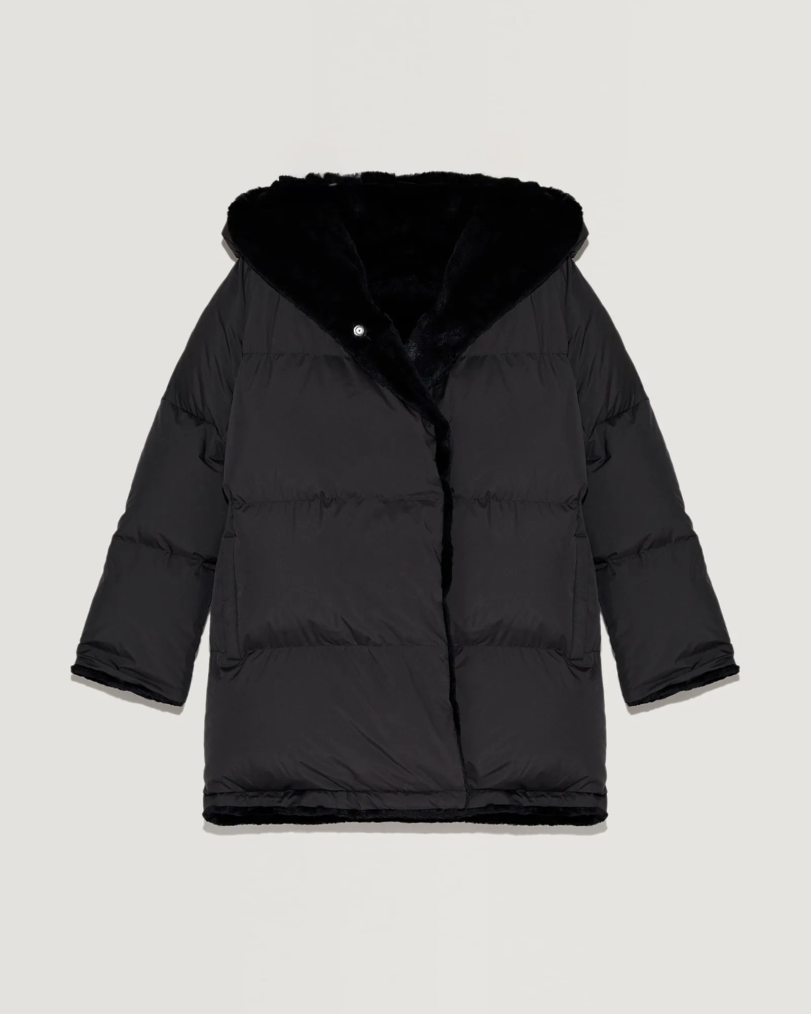 Sheared rabbit fur reversible hooded down jacket