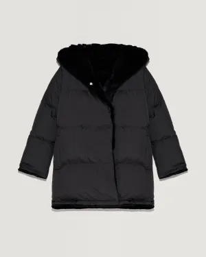 Sheared rabbit fur reversible hooded down jacket