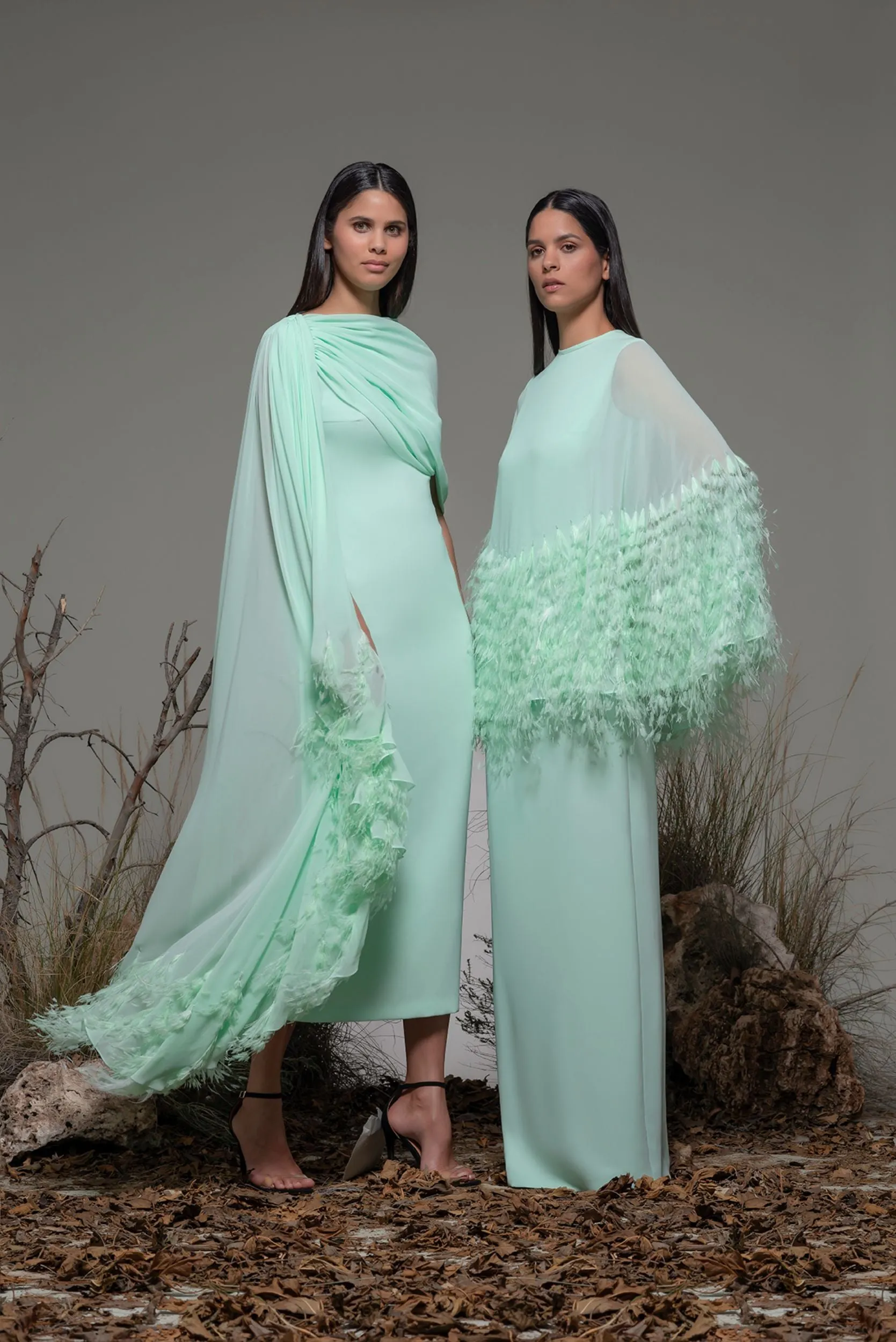 Sleeveless Column Midi Dress with Cape and Feathers