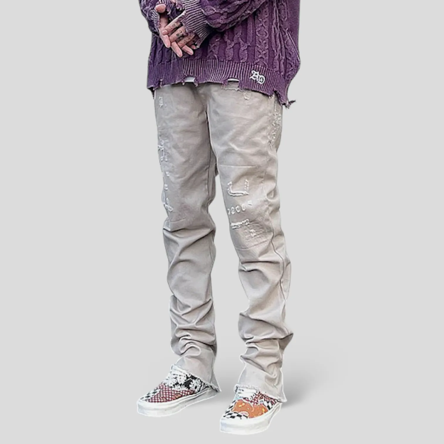 Slim fit distressed jean with back leg zipper