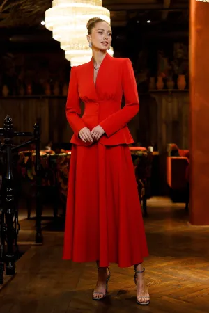 Stella Red Collarless Jacket Midi Skirt Suit 2-Piece
