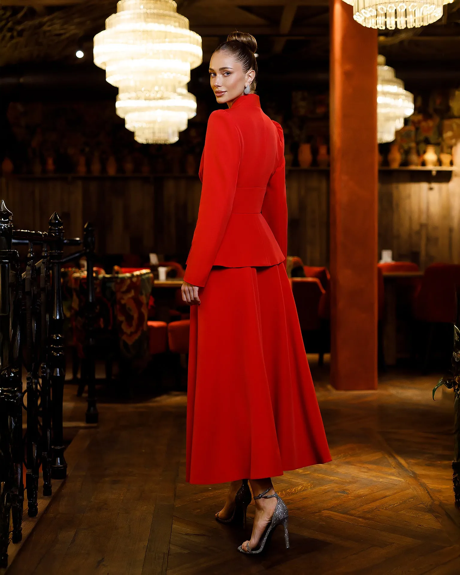 Stella Red Collarless Jacket Midi Skirt Suit 2-Piece
