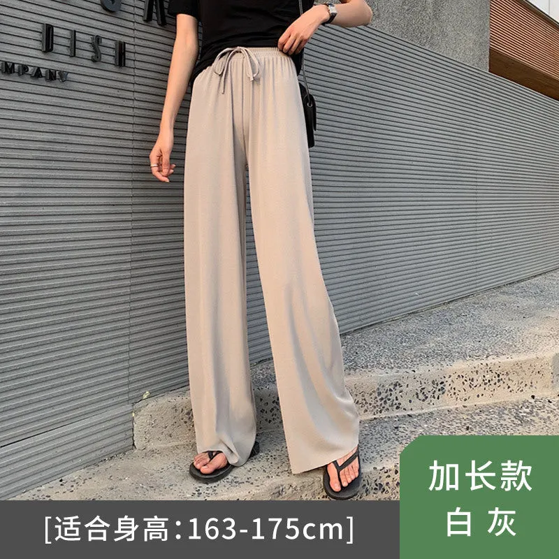 Streaming Popular Summer Women High Waist Slim Look Ice Silk Wide Leg Pants Loose All-Matching Casual Lengthen Floor Length Pants