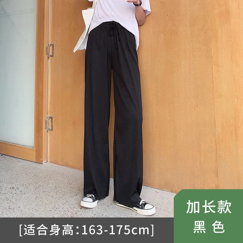 Streaming Popular Summer Women High Waist Slim Look Ice Silk Wide Leg Pants Loose All-Matching Casual Lengthen Floor Length Pants