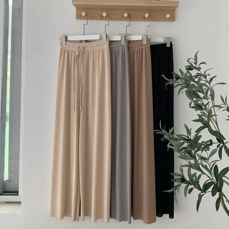 Streaming Popular Summer Women High Waist Slim Look Ice Silk Wide Leg Pants Loose All-Matching Casual Lengthen Floor Length Pants