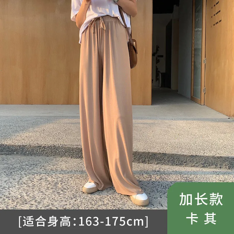 Streaming Popular Summer Women High Waist Slim Look Ice Silk Wide Leg Pants Loose All-Matching Casual Lengthen Floor Length Pants