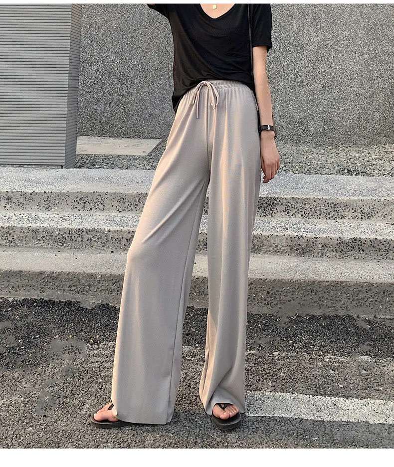 Streaming Popular Summer Women High Waist Slim Look Ice Silk Wide Leg Pants Loose All-Matching Casual Lengthen Floor Length Pants