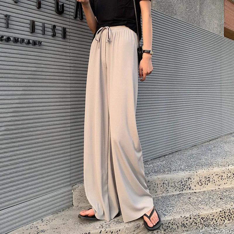 Streaming Popular Summer Women High Waist Slim Look Ice Silk Wide Leg Pants Loose All-Matching Casual Lengthen Floor Length Pants
