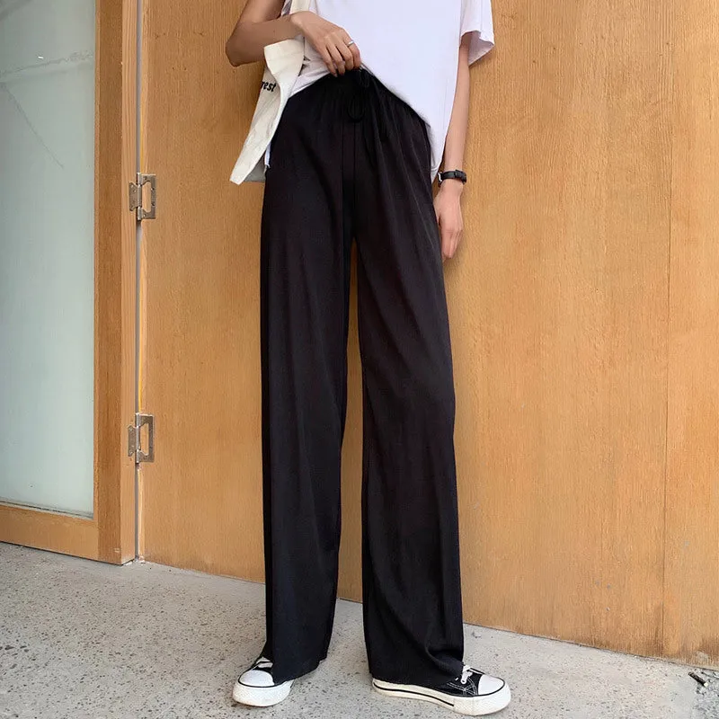 Streaming Popular Summer Women High Waist Slim Look Ice Silk Wide Leg Pants Loose All-Matching Casual Lengthen Floor Length Pants