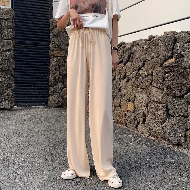 Streaming Popular Summer Women High Waist Slim Look Ice Silk Wide Leg Pants Loose All-Matching Casual Lengthen Floor Length Pants
