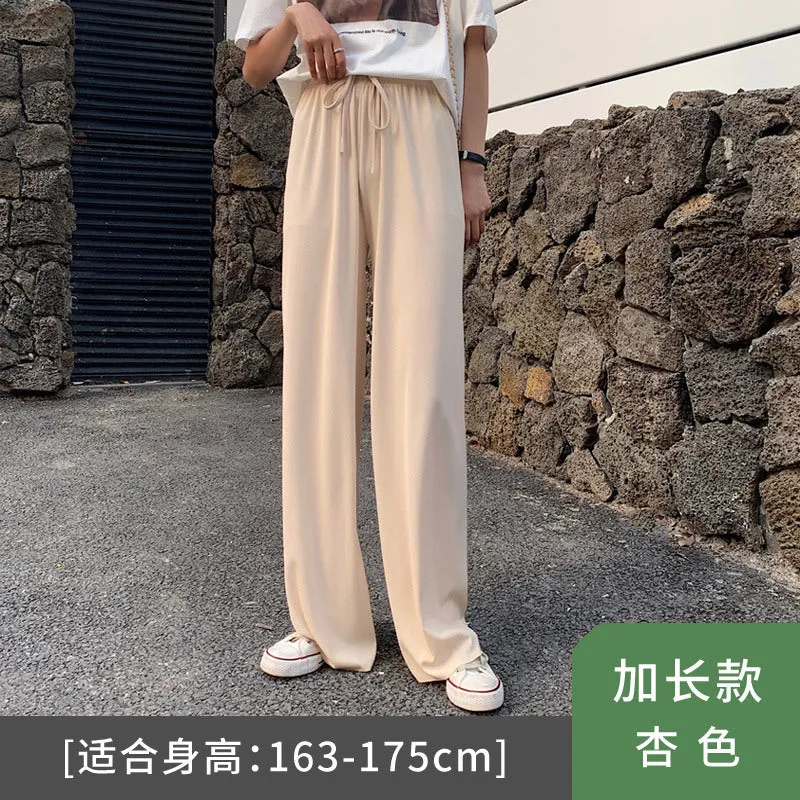Streaming Popular Summer Women High Waist Slim Look Ice Silk Wide Leg Pants Loose All-Matching Casual Lengthen Floor Length Pants