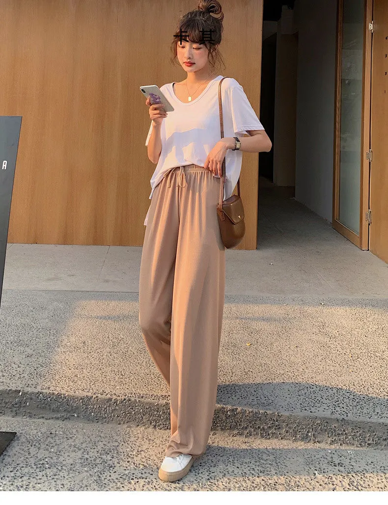 Streaming Popular Summer Women High Waist Slim Look Ice Silk Wide Leg Pants Loose All-Matching Casual Lengthen Floor Length Pants