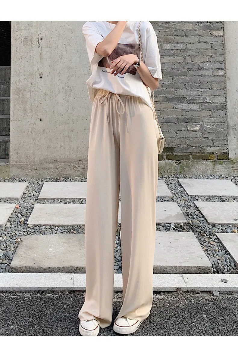 Streaming Popular Summer Women High Waist Slim Look Ice Silk Wide Leg Pants Loose All-Matching Casual Lengthen Floor Length Pants